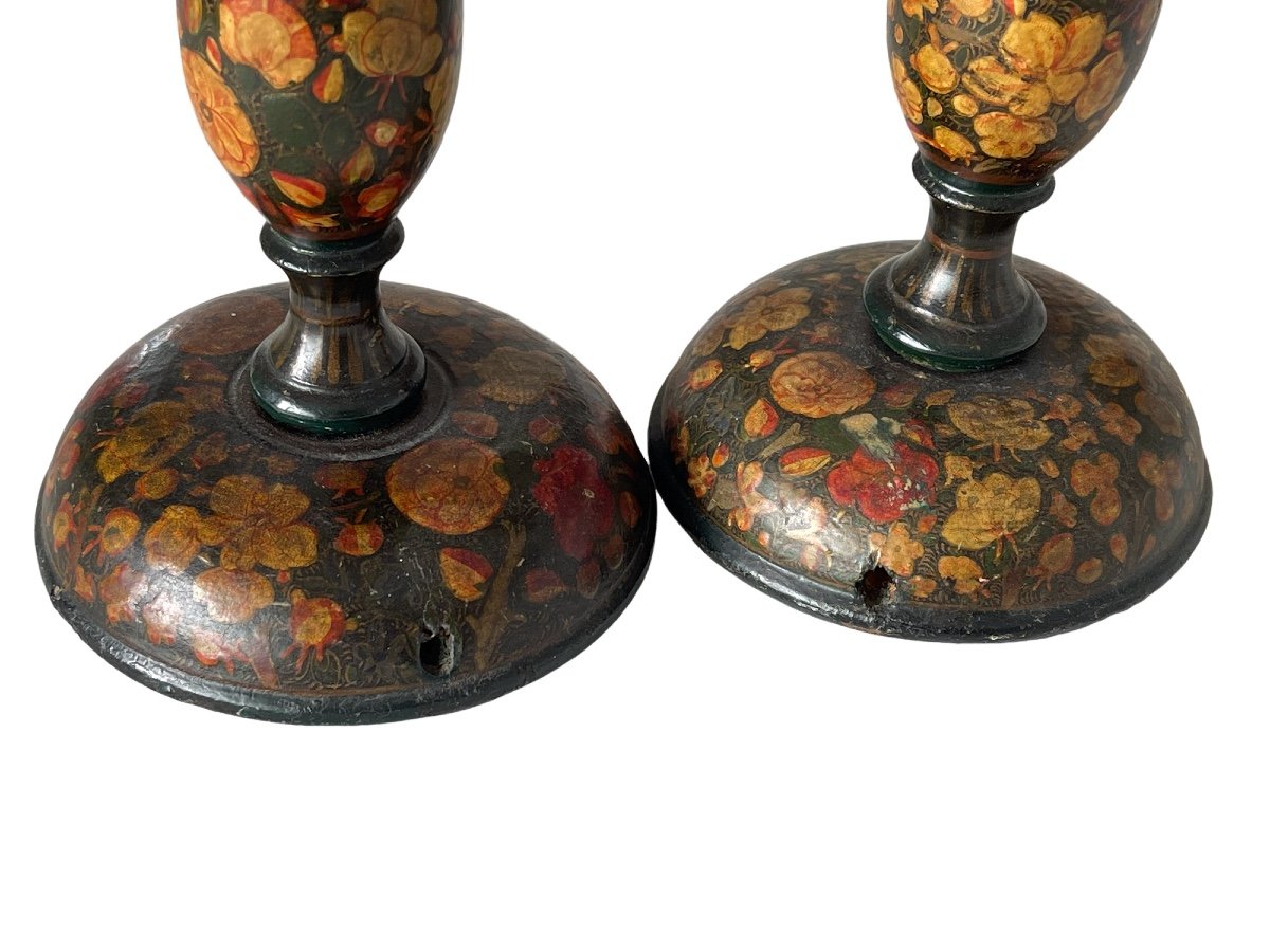 India Pair Of Kashmiri Candlesticks Lamp Bases In Turned And Lacquered Wood -photo-5