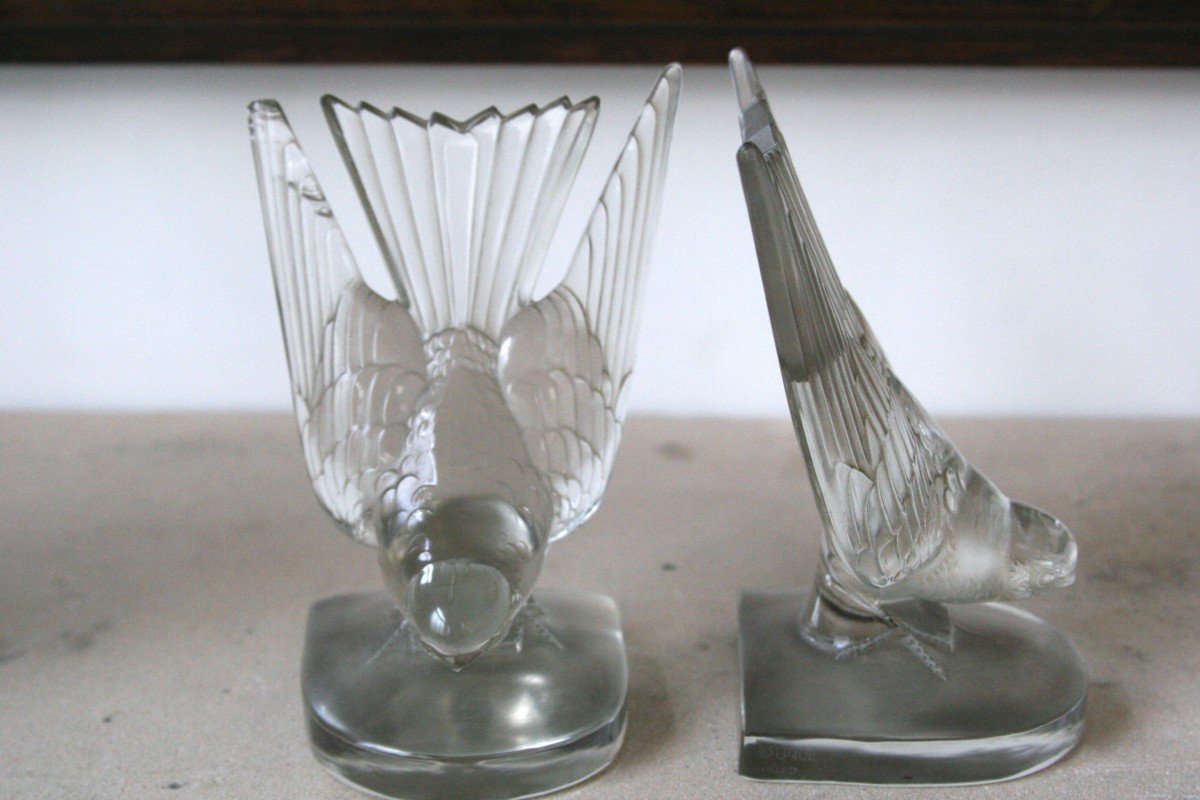 Lalique "shirondelles" Pair Of Vintage Crystal Bookends.-photo-3