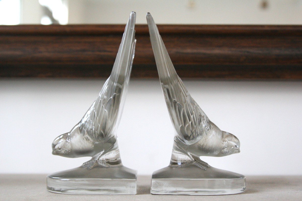 Lalique "shirondelles" Pair Of Vintage Crystal Bookends.-photo-4