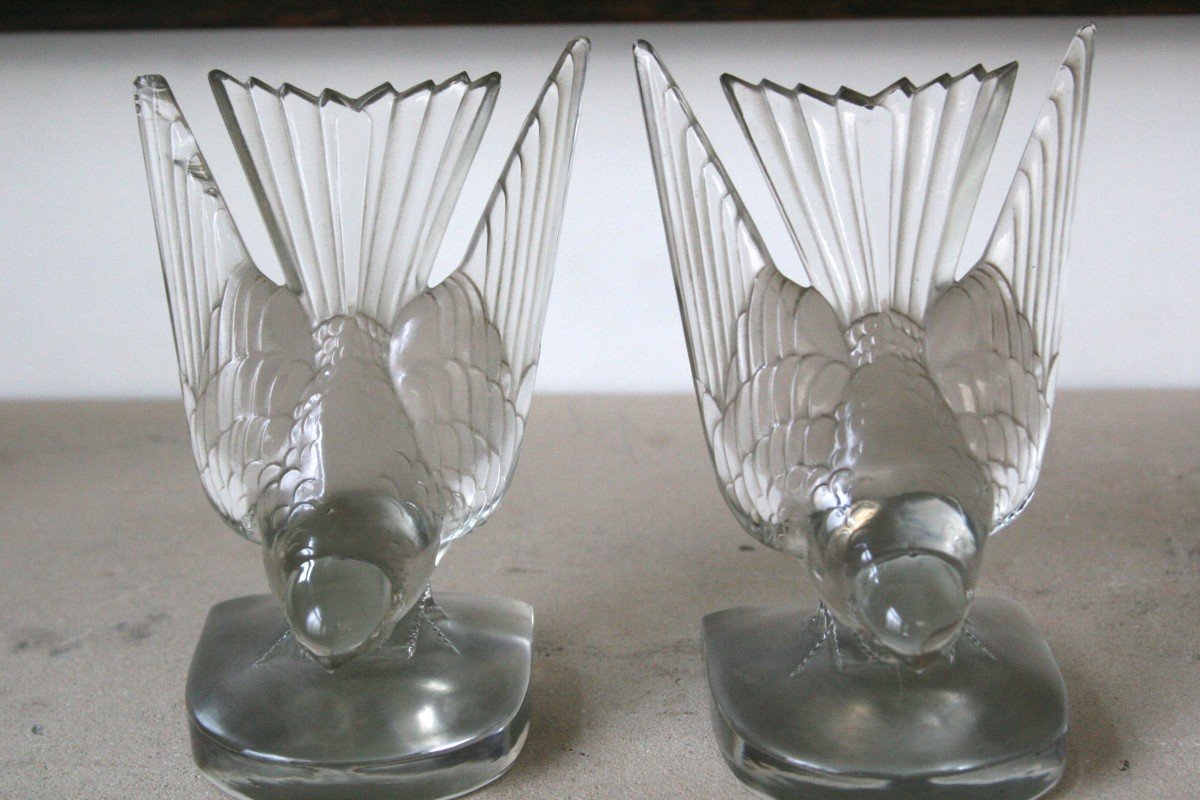 Lalique "shirondelles" Pair Of Vintage Crystal Bookends.-photo-4