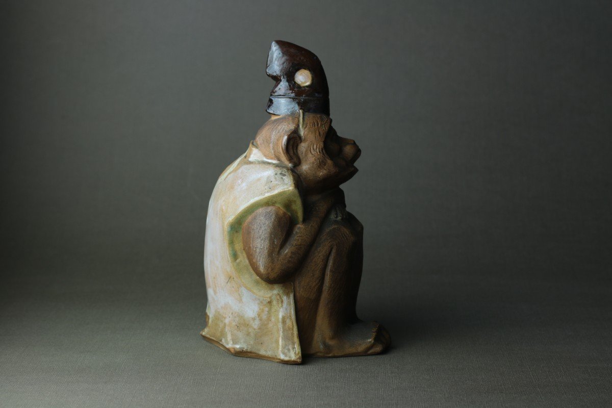 Ceramic Sculpture - Monkey In Shinto Garb By Shinkai Kanzan (1912-2011) Japan - Signed-photo-3