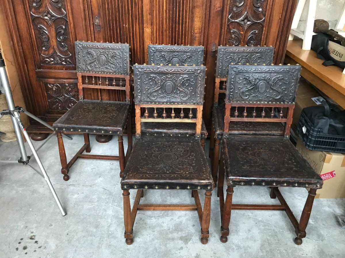 5 Mahogany Chairs - Henry Ii, With Embossed Dragon Motifs Leather Seats And Backs, Late 19th C-photo-2