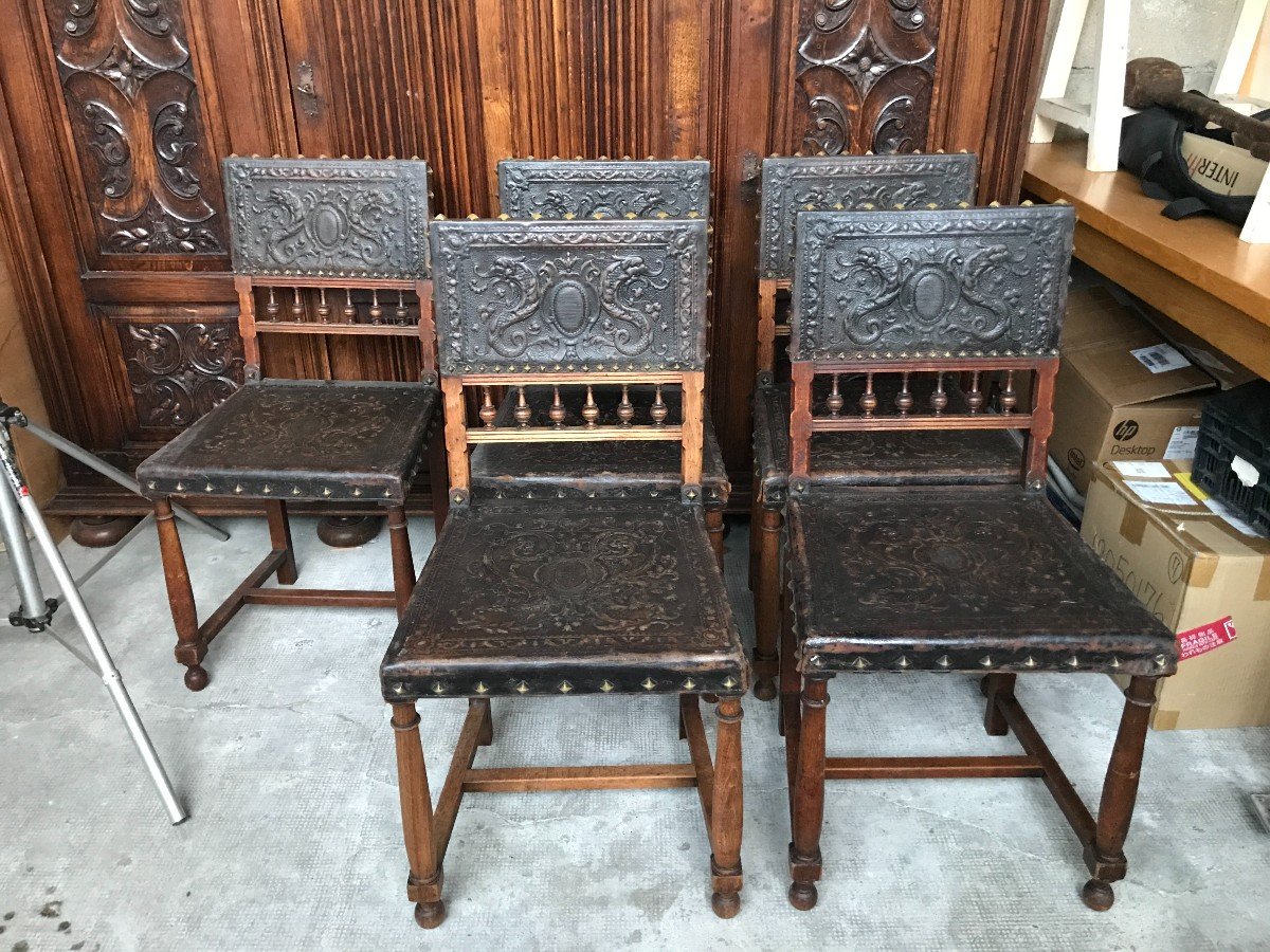 5 Mahogany Chairs - Henry Ii, With Embossed Dragon Motifs Leather Seats And Backs, Late 19th C-photo-3