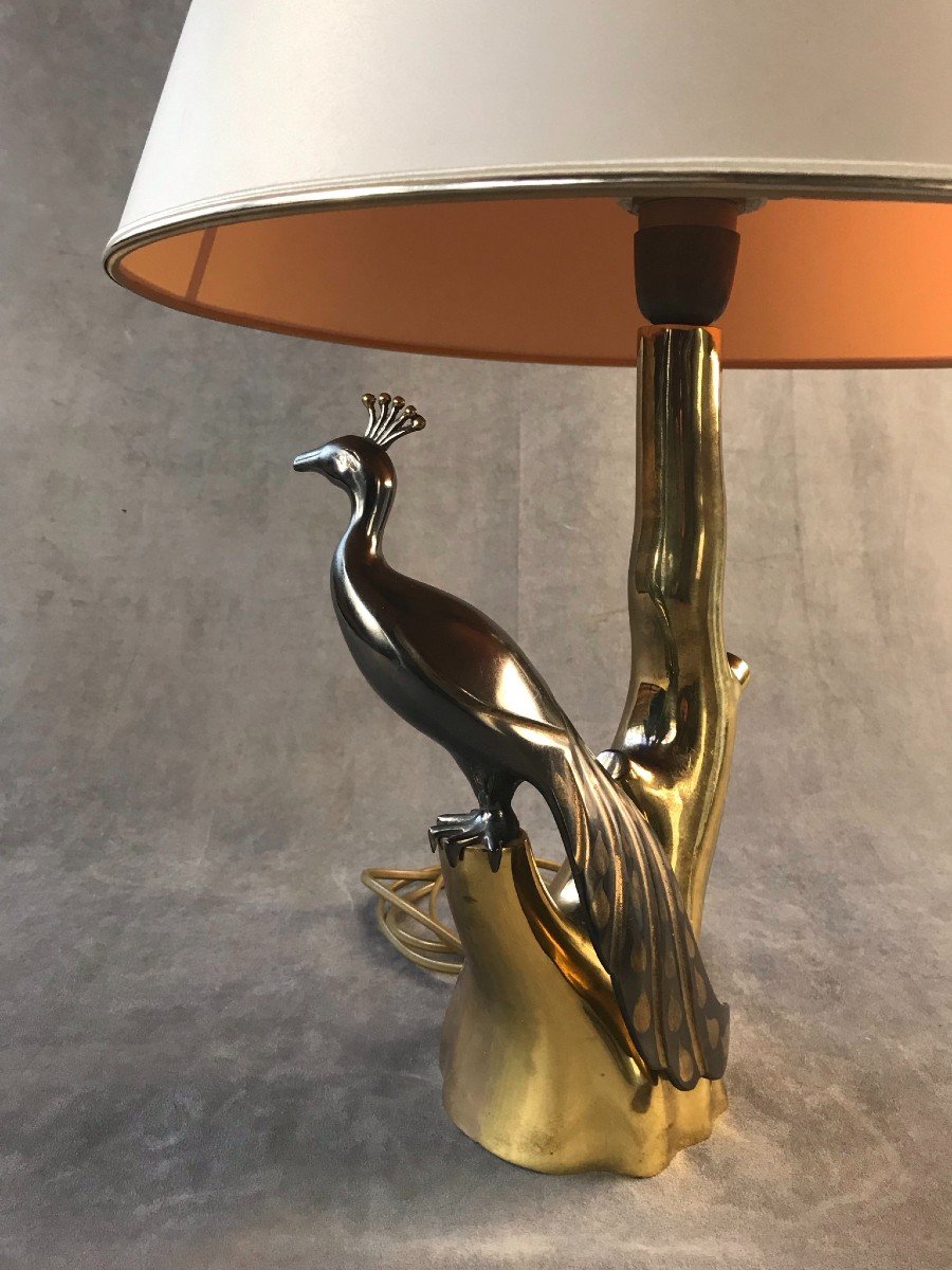 Polished Bronze Peacock Table Lamp, Willy Daro Design, 1970s, Hollywood Regency-photo-2