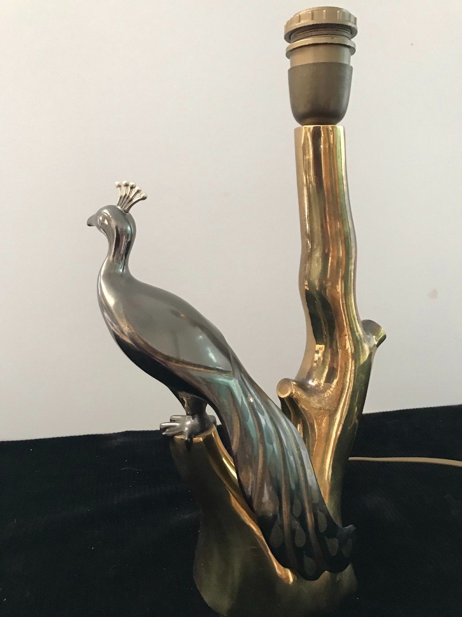 Polished Bronze Peacock Table Lamp, Willy Daro Design, 1970s, Hollywood Regency-photo-4