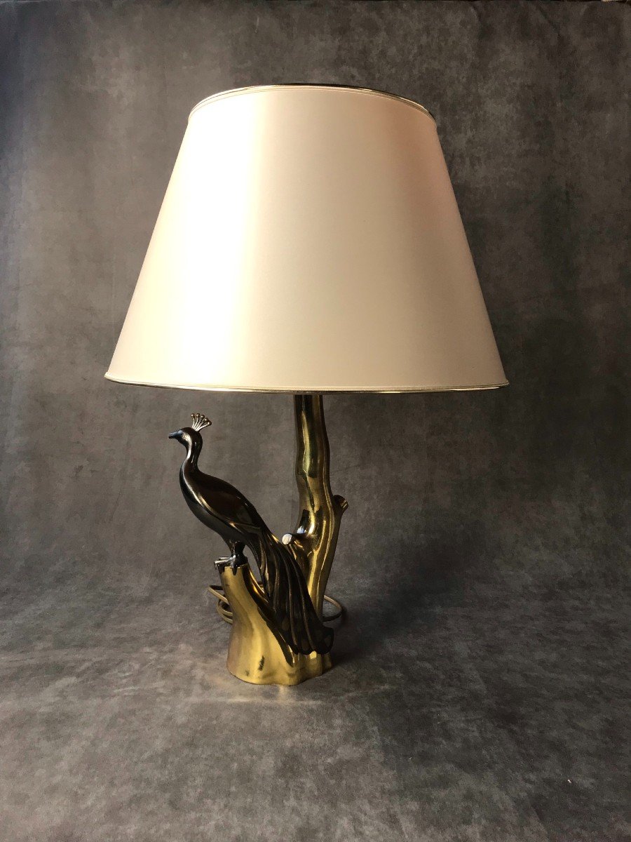 Polished Bronze Peacock Table Lamp, Willy Daro Design, 1970s, Hollywood Regency-photo-2