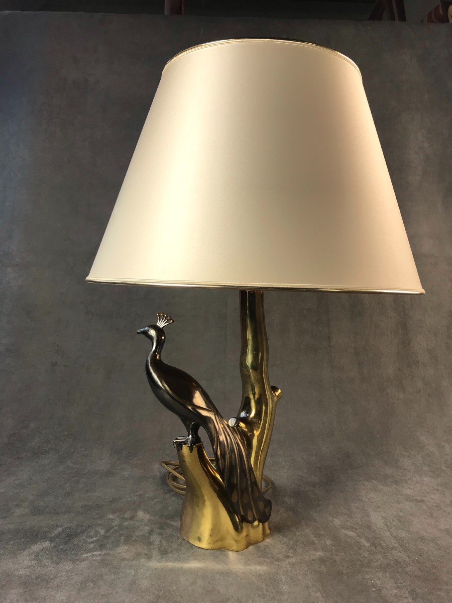 Polished Bronze Peacock Table Lamp, Willy Daro Design, 1970s, Hollywood Regency