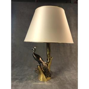 Lampe De Table En Bronze Poli, Paon, Design Willy Daro, Années 1970, Hollywood Regency