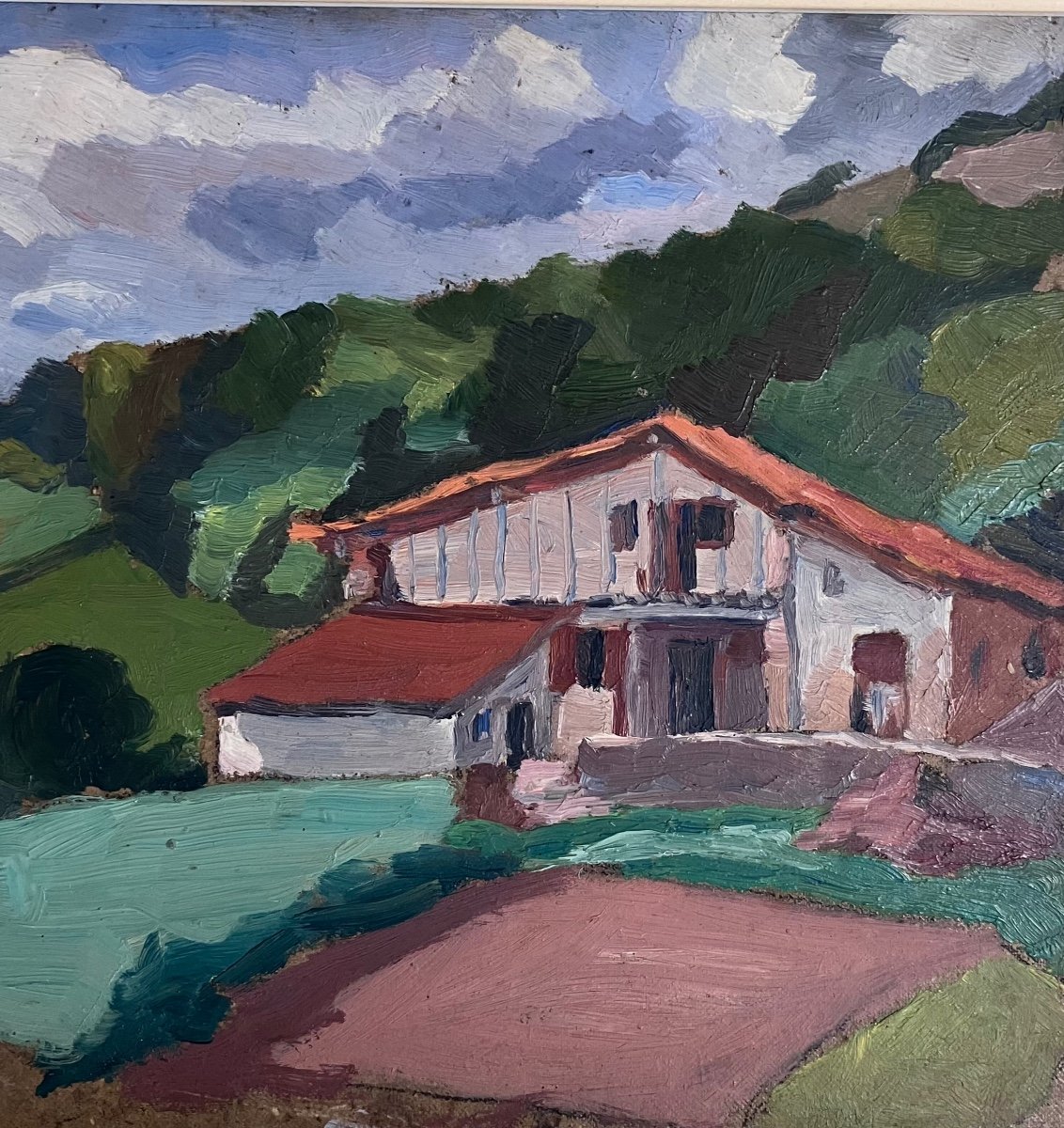 Maison Basque Huile Sur Carton Par Juliette Deshayes (1900-2001)-photo-2