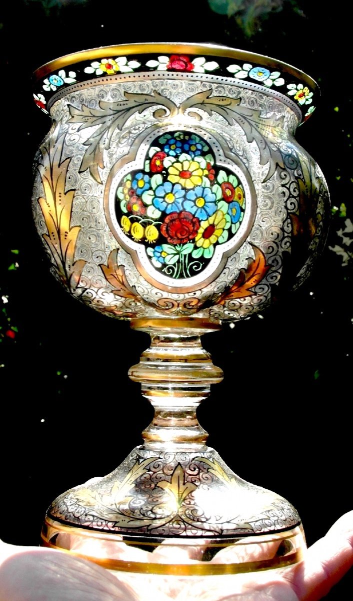 Pretty Chalice Vase By Julius Muhlhaus, Bohemian Glass, Haida, 1910, Perfect, Era Daum Galle-photo-2