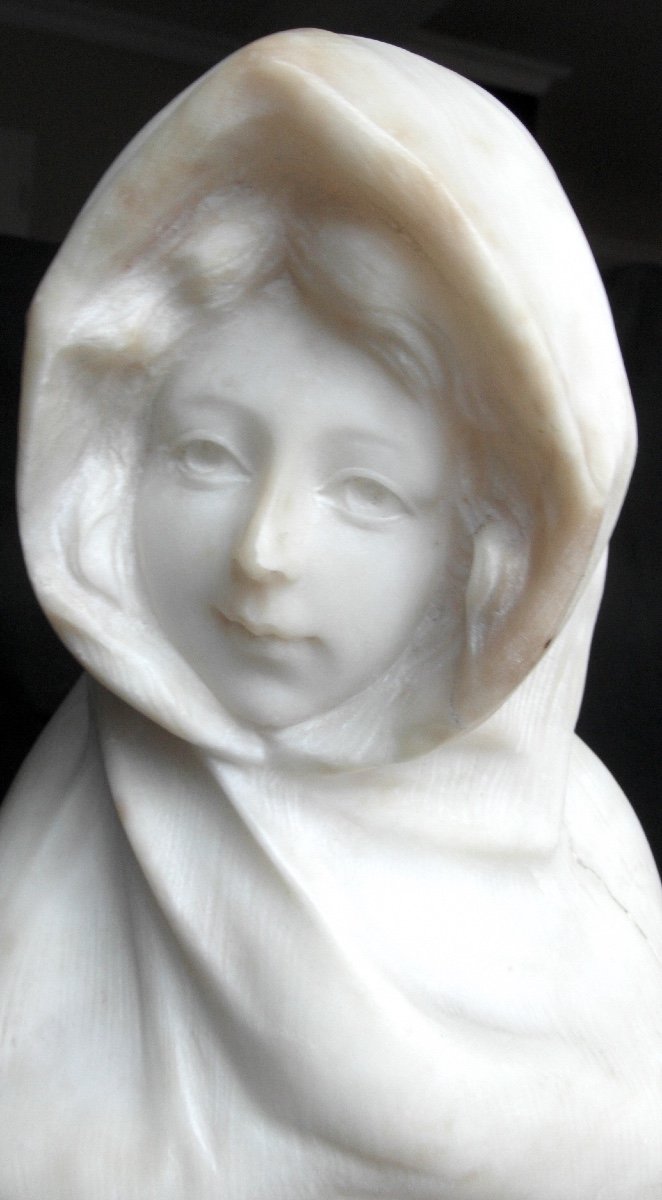 Jolie Statue En Albâtre "jeune fille sous la neige" par G.Grassi, 40 cm, vers 1900, era Pugi ge-photo-3