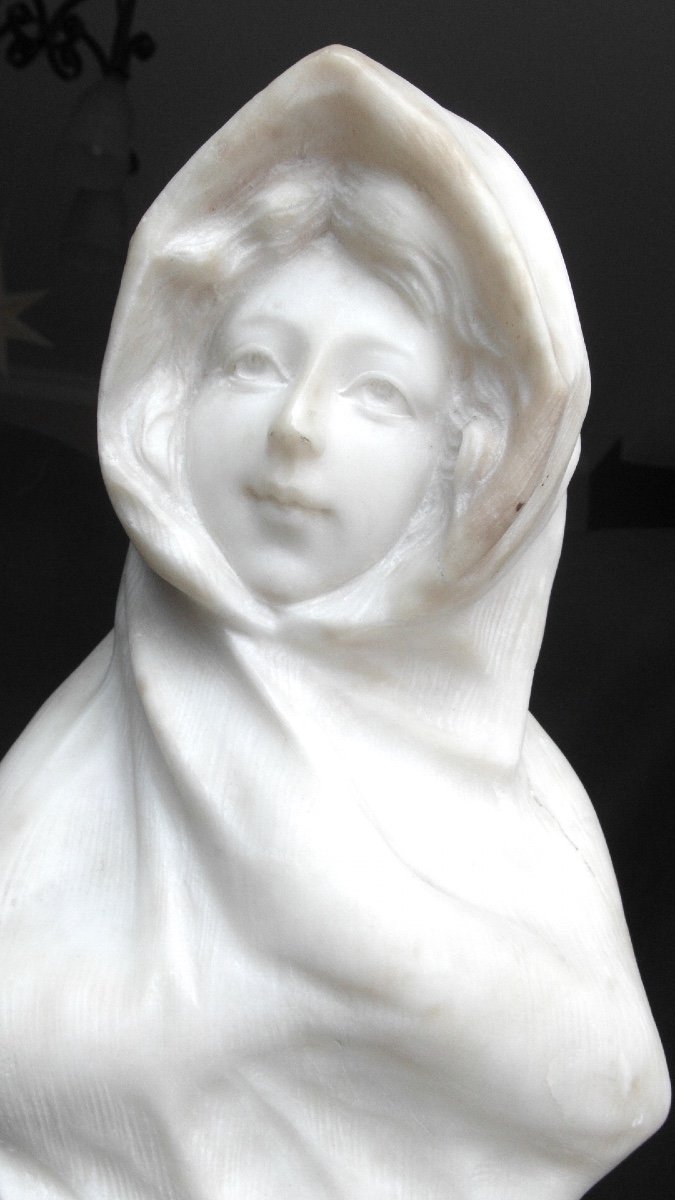 Jolie Statue En Albâtre "jeune fille sous la neige" par G.Grassi, 40 cm, vers 1900, era Pugi ge-photo-2