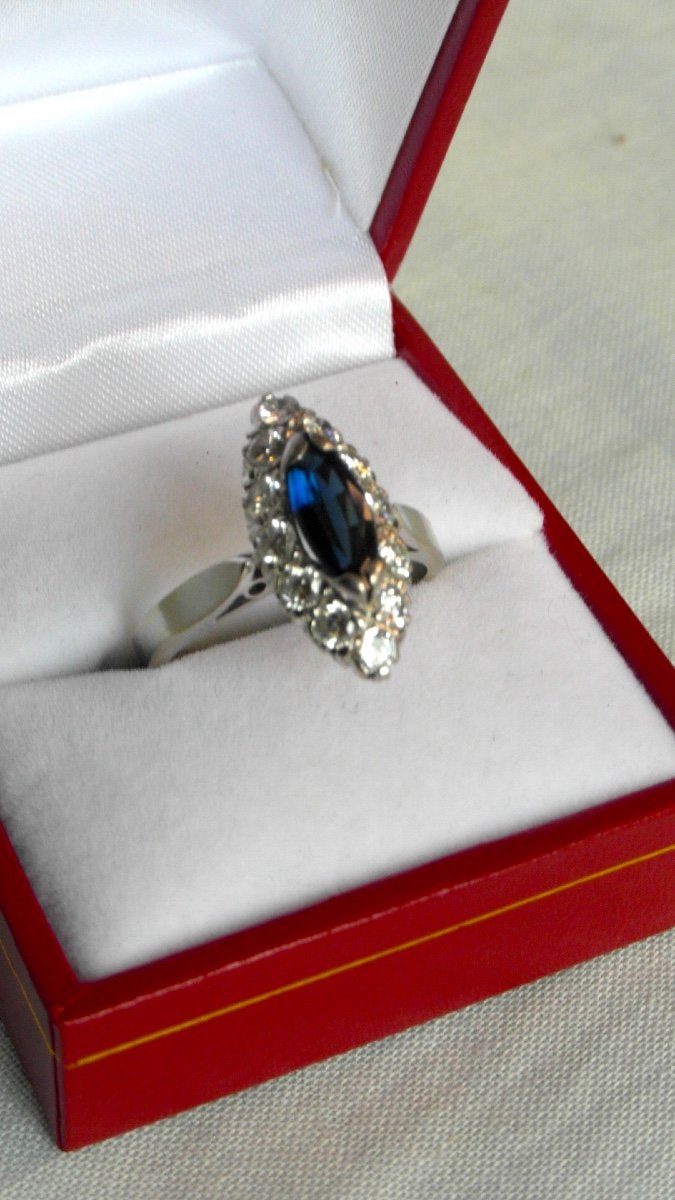 Pretty Navette Ring With Sapphire Of 1.3 Carats And Diamonds For 1.2 Carats, White Gold, Hallmark.-photo-2