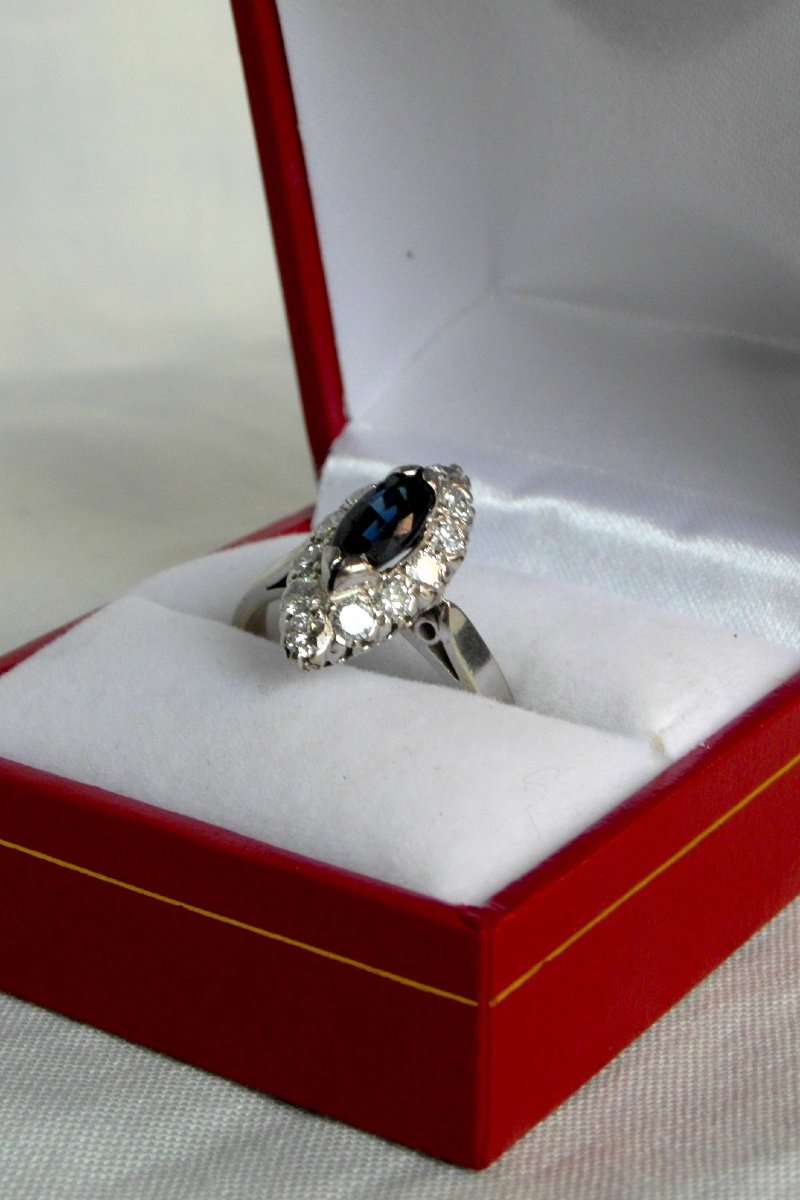 Pretty Navette Ring With Sapphire Of 1.3 Carats And Diamonds For 1.2 Carats, White Gold, Hallmark.-photo-3