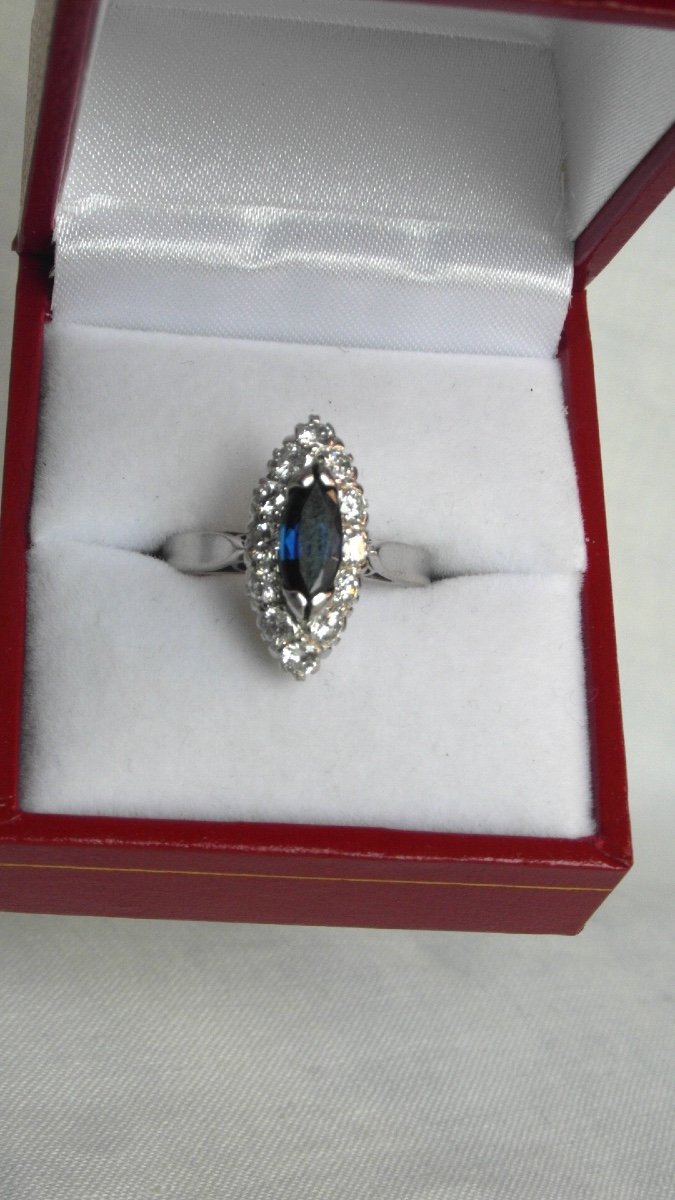 Pretty Navette Ring With Sapphire Of 1.3 Carats And Diamonds For 1.2 Carats, White Gold, Hallmark.-photo-3