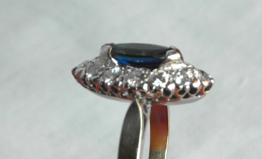 Pretty Navette Ring With Sapphire Of 1.3 Carats And Diamonds For 1.2 Carats, White Gold, Hallmark.-photo-4