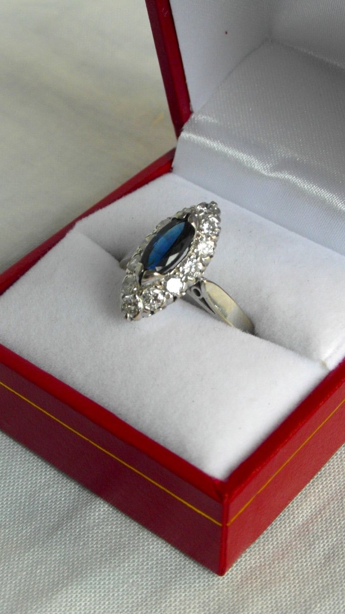 Pretty Navette Ring With Sapphire Of 1.3 Carats And Diamonds For 1.2 Carats, White Gold, Hallmark.-photo-5