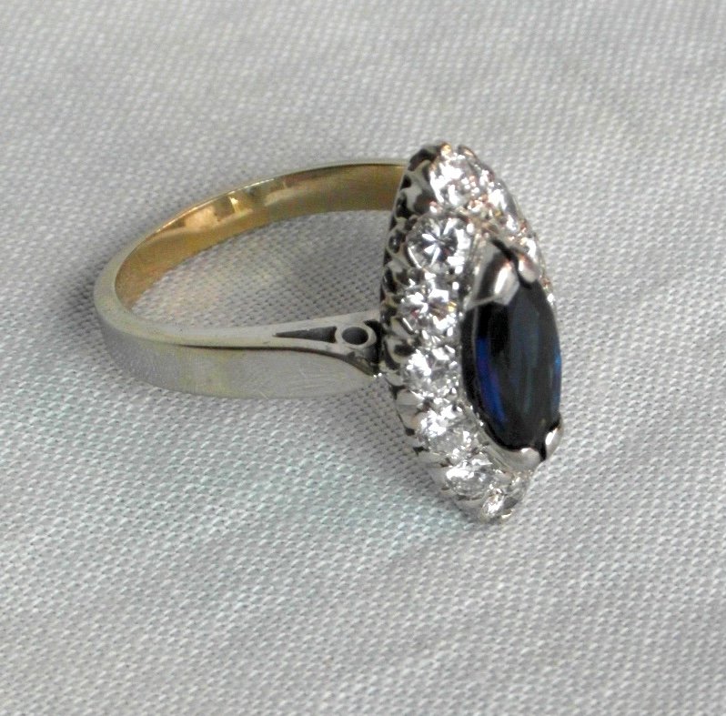 Pretty Navette Ring With Sapphire Of 1.3 Carats And Diamonds For 1.2 Carats, White Gold, Hallmark.-photo-6