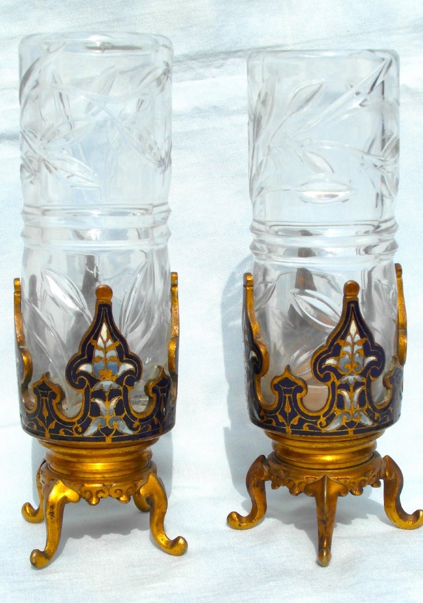 Pretty And Rare Pare Pair Of "bamboo" Vases In Cut Crystal, 1880, Era Daum Galle E-photo-2