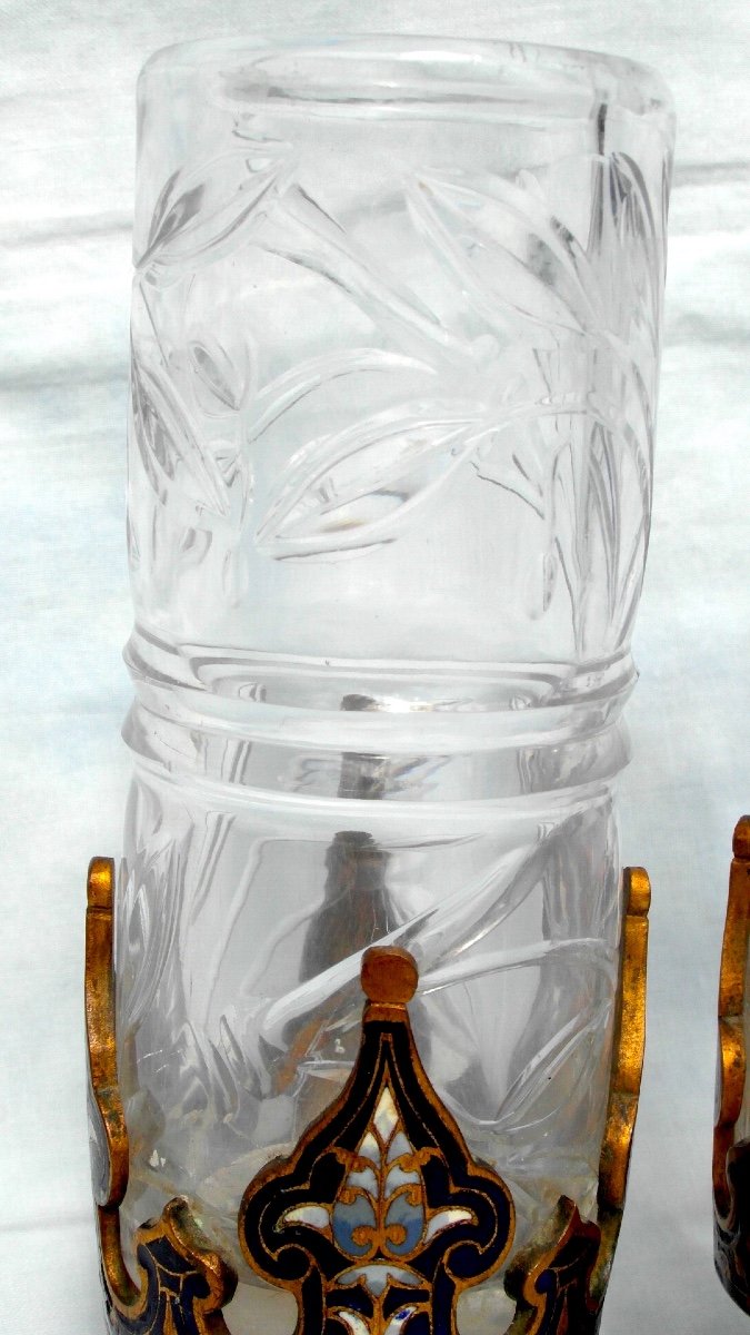 Pretty And Rare Pare Pair Of "bamboo" Vases In Cut Crystal, 1880, Era Daum Galle E-photo-1