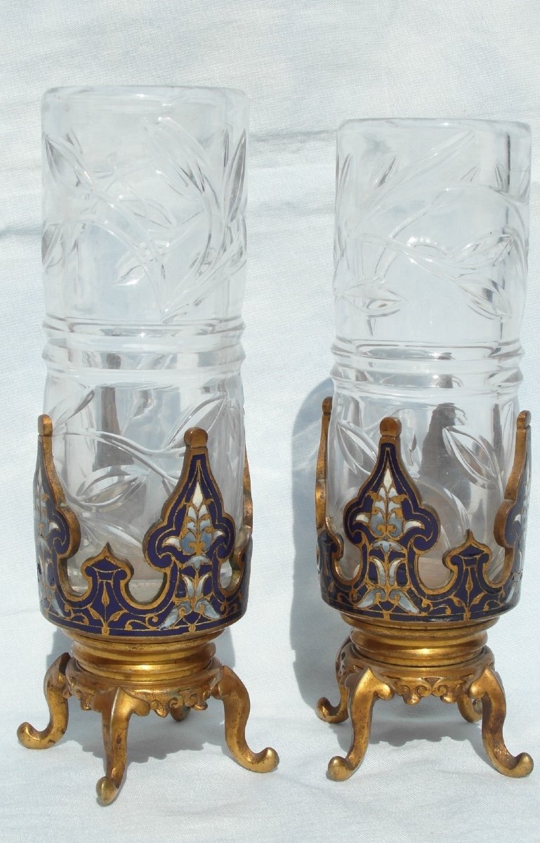 Pretty And Rare Pare Pair Of "bamboo" Vases In Cut Crystal, 1880, Era Daum Galle E-photo-3