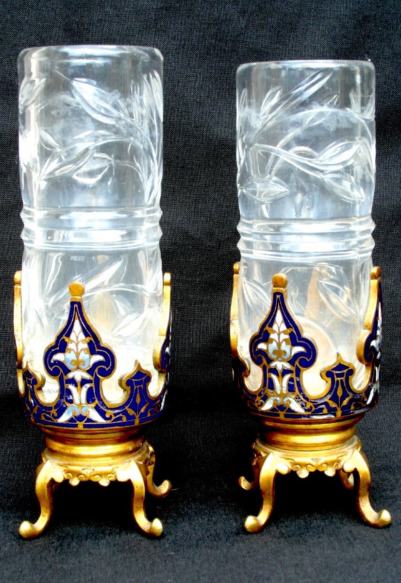 Pretty And Rare Pare Pair Of "bamboo" Vases In Cut Crystal, 1880, Era Daum Galle E