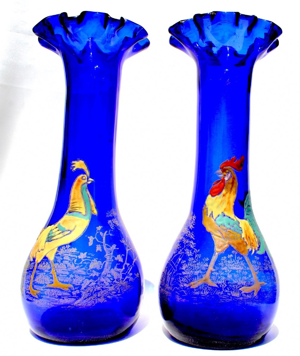 Paire De Vases Legras  "coq Et Poule" émaillés, Parfait,  Vers 1900, Era Daum Galle Art-nouveau-photo-4