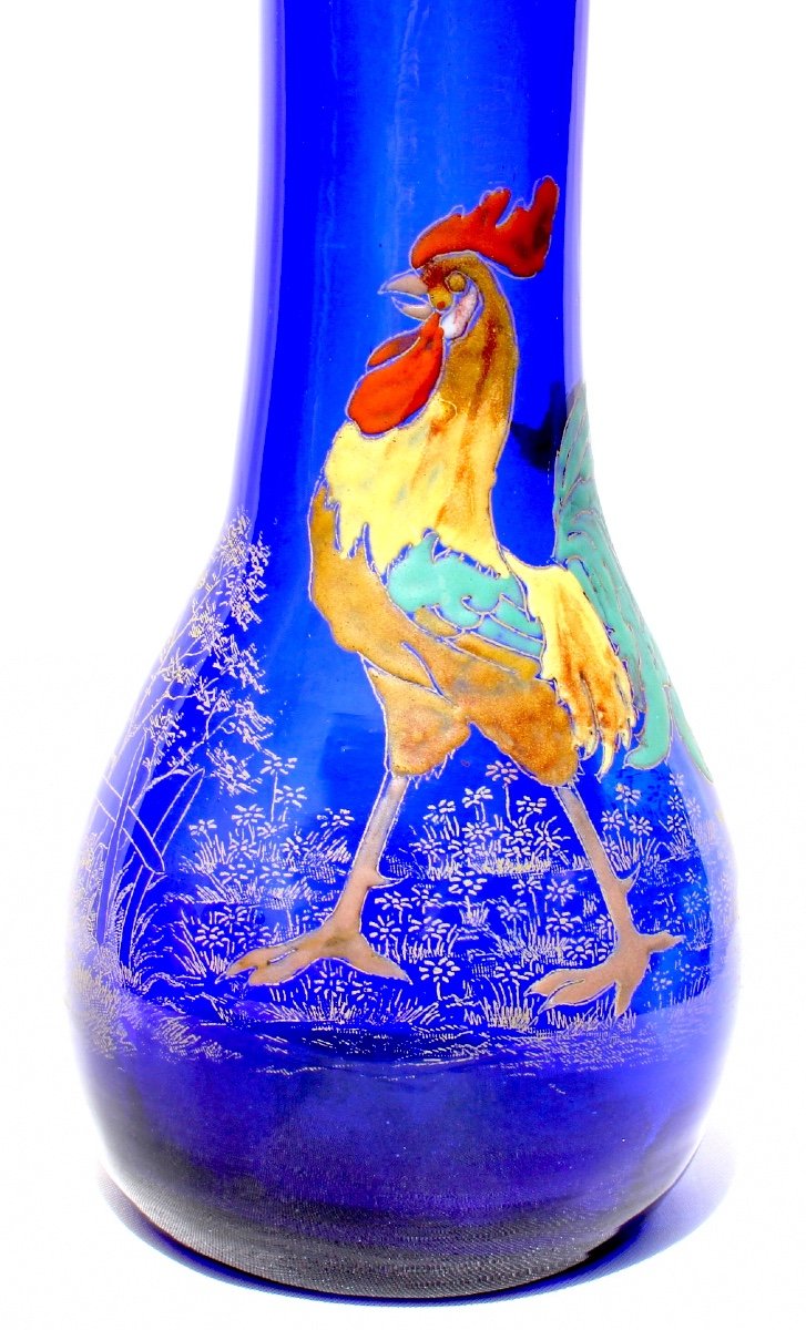 Paire De Vases Legras  "coq Et Poule" émaillés, Parfait,  Vers 1900, Era Daum Galle Art-nouveau-photo-2