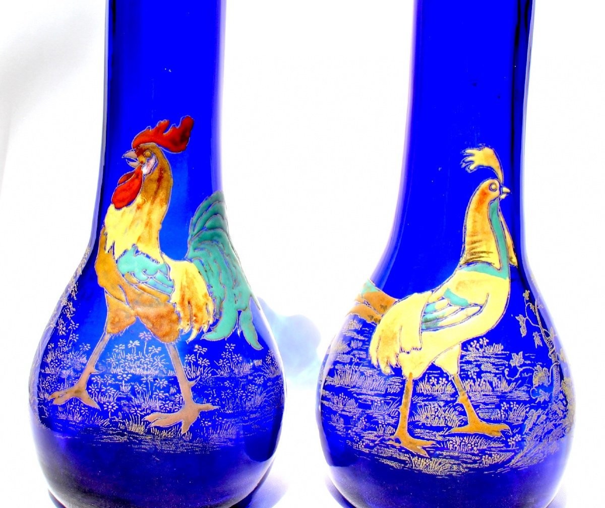 Paire De Vases Legras  "coq Et Poule" émaillés, Parfait,  Vers 1900, Era Daum Galle Art-nouveau