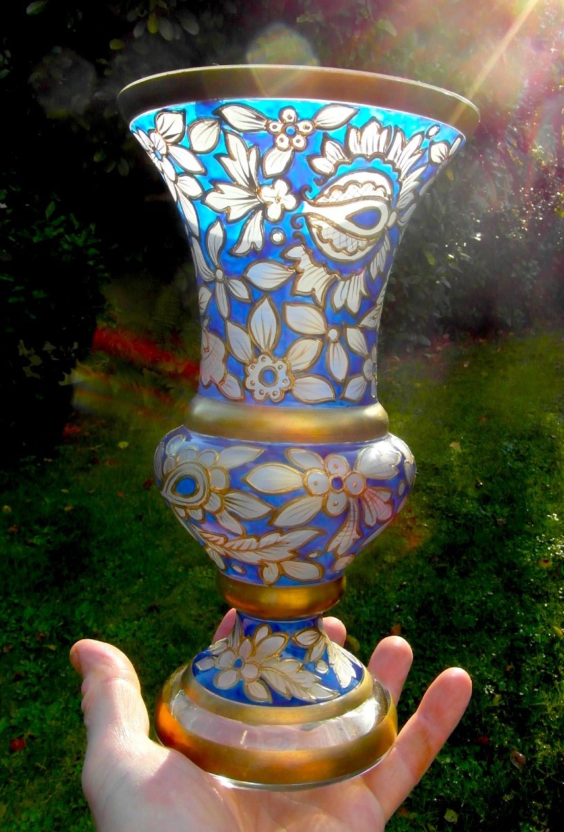 Beautiful Art Nouveau Vase By Julius Muhlhaus, Haida Glassworks, Era Daum Galle Bohème 1915-photo-2