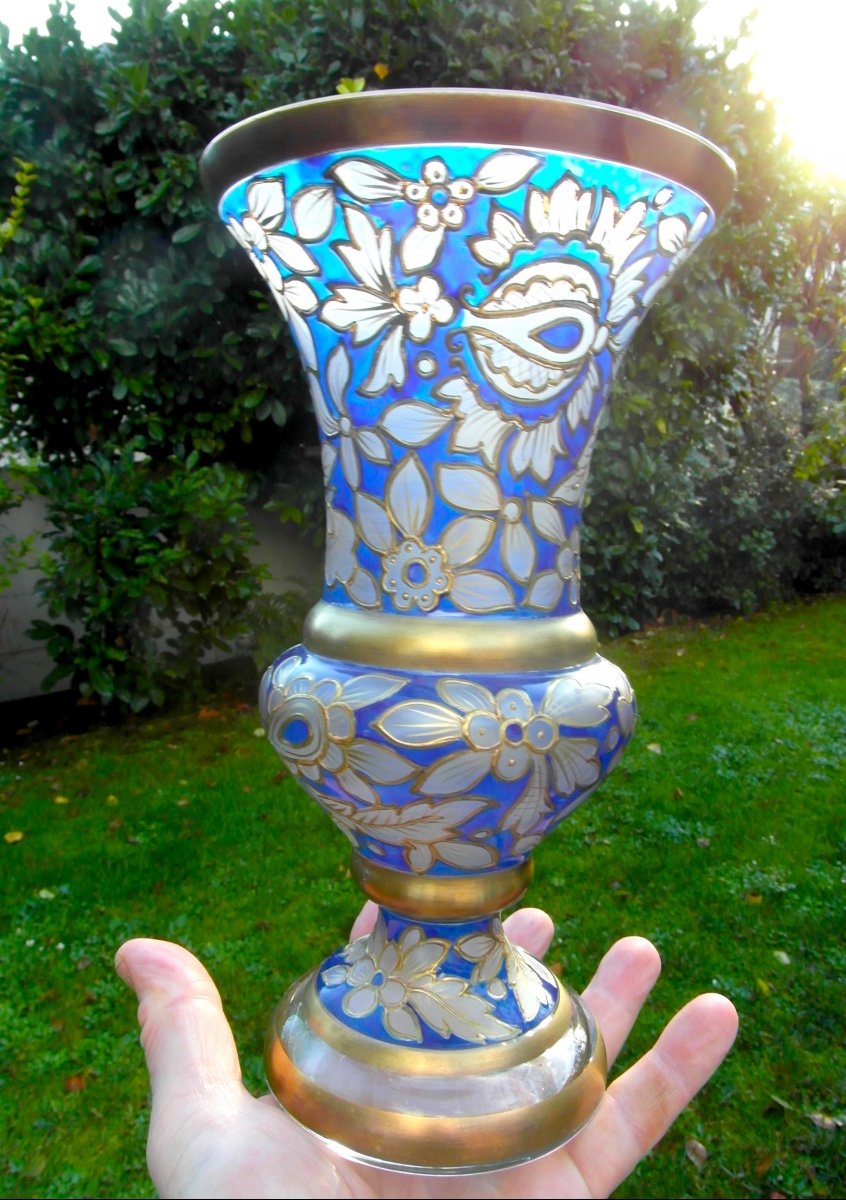Beautiful Art Nouveau Vase By Julius Muhlhaus, Haida Glassworks, Era Daum Galle Bohème 1915-photo-2
