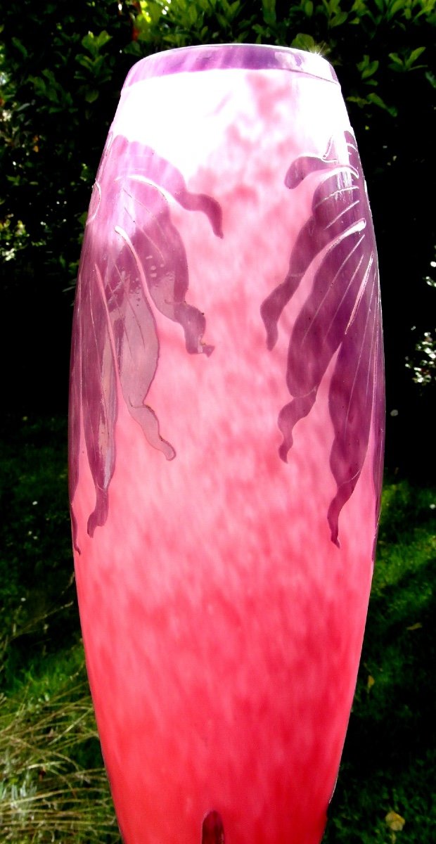 Large Art-deco Vase "french Glass" With Dahlia Decor, 44 Cm, Perfect, Era Daum Galle-photo-3