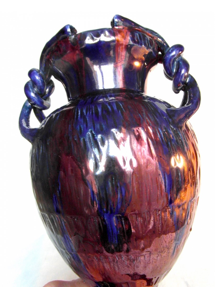 Pretty Iridescent Vase 1900 In Anses By J. Gaziello In Vallauris, Era Massier Galle-photo-2