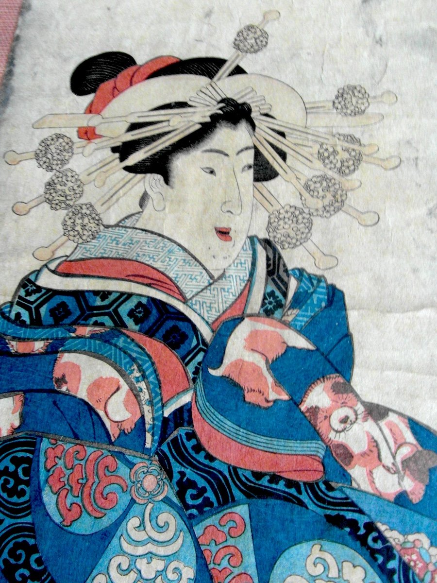 Belle Estampe Japonaise "geisha" Par Kesai Yesen (1790-1848), Taille Hors Normes-photo-3