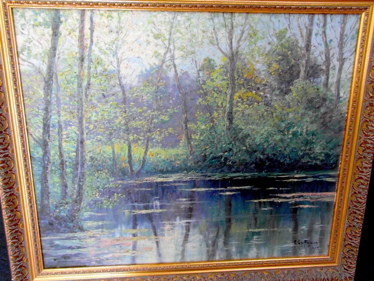 Belle Huile Sur Toile "paysage Lacustre" à La Baule par  E. Gauffriaud (1877- 1957)  En 1925.-photo-2