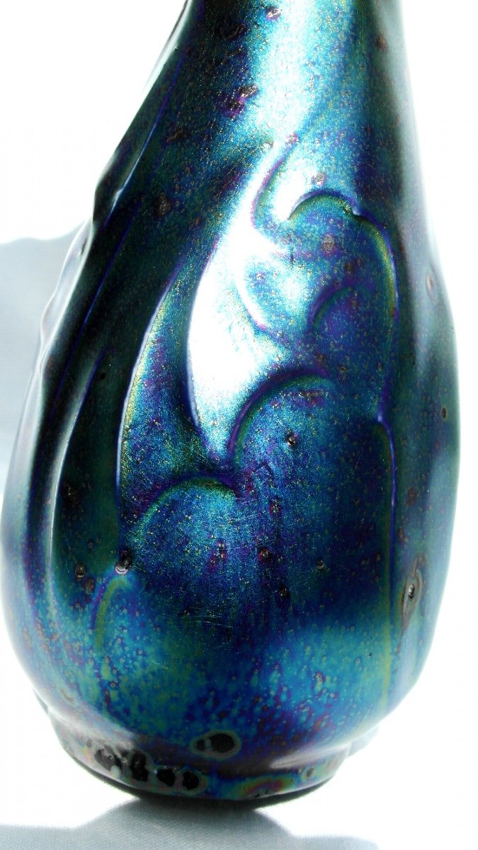 Beautiful Iridescent “bat Wing” Vase By Montières, Era Massier Deck 1900-photo-2