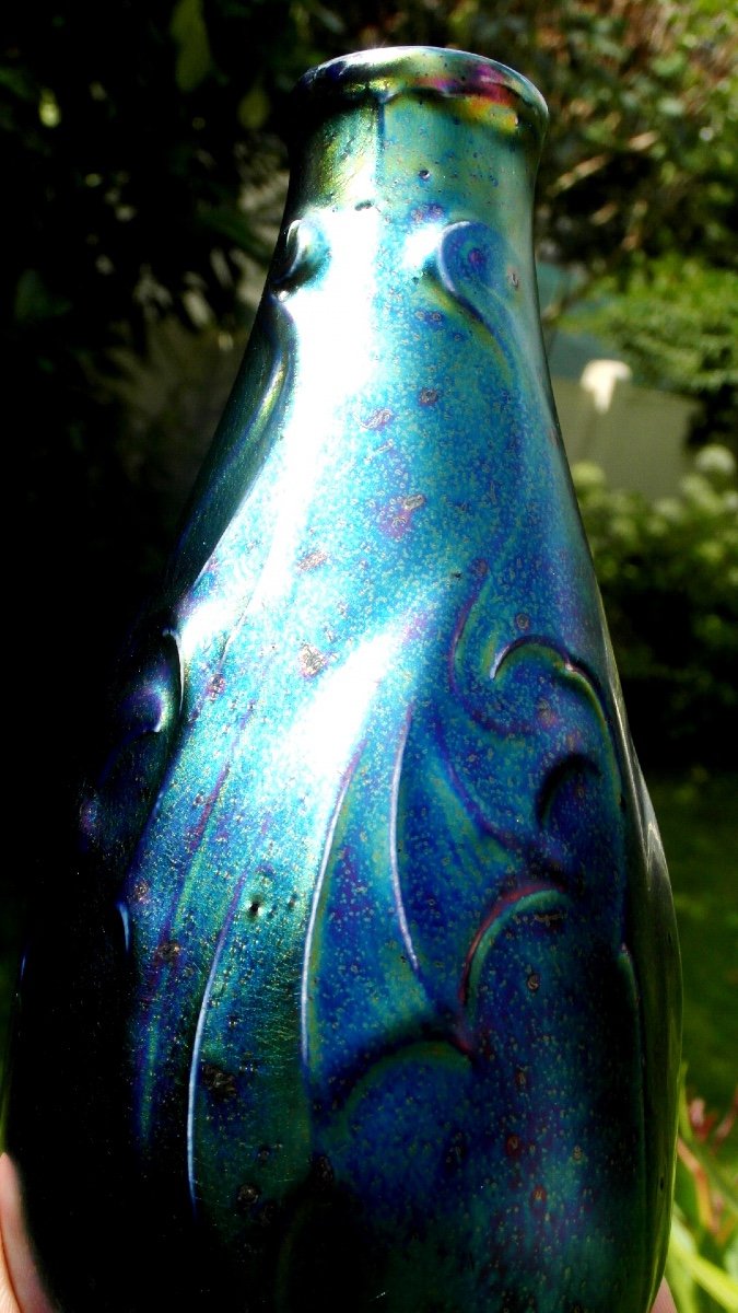 Beautiful Iridescent “bat Wing” Vase By Montières, Era Massier Deck 1900-photo-3