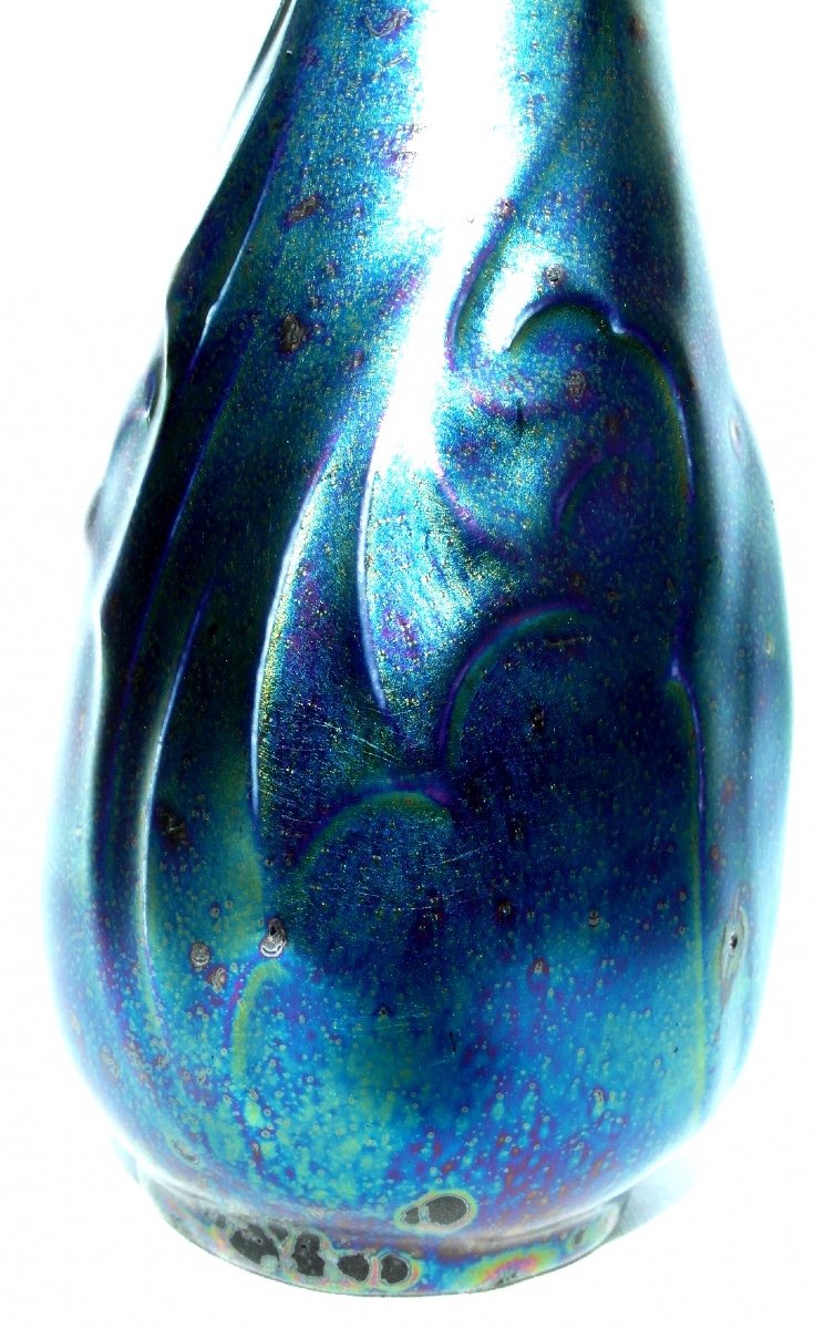 Beautiful Iridescent “bat Wing” Vase By Montières, Era Massier Deck 1900-photo-1