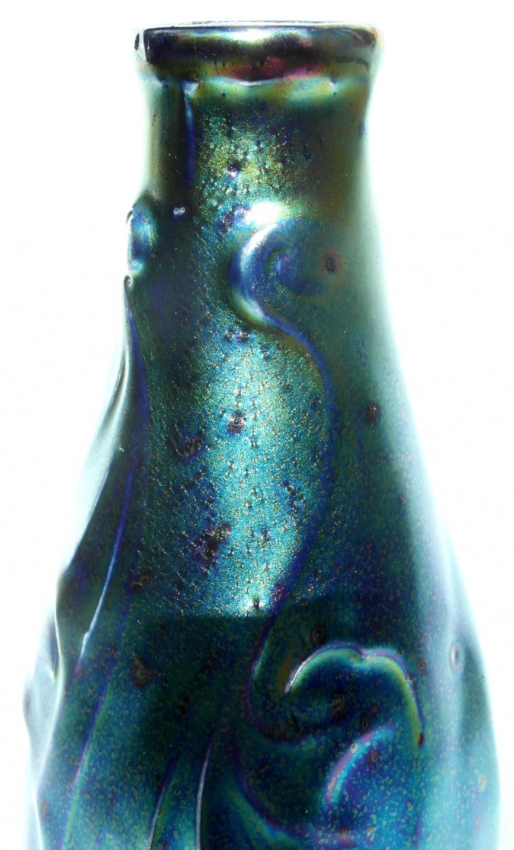 Beautiful Iridescent “bat Wing” Vase By Montières, Era Massier Deck 1900-photo-2