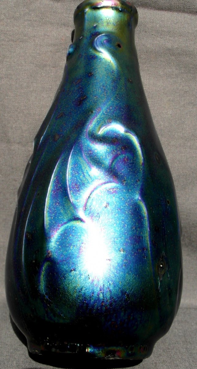 Beautiful Iridescent “bat Wing” Vase By Montières, Era Massier Deck 1900-photo-3