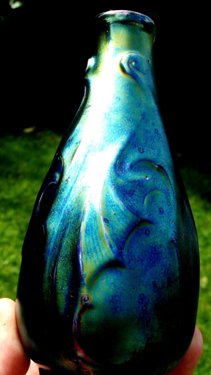 Beautiful Iridescent “bat Wing” Vase By Montières, Era Massier Deck 1900-photo-4