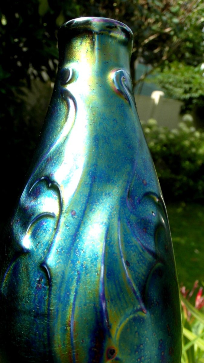 Beautiful Iridescent “bat Wing” Vase By Montières, Era Massier Deck 1900-photo-5