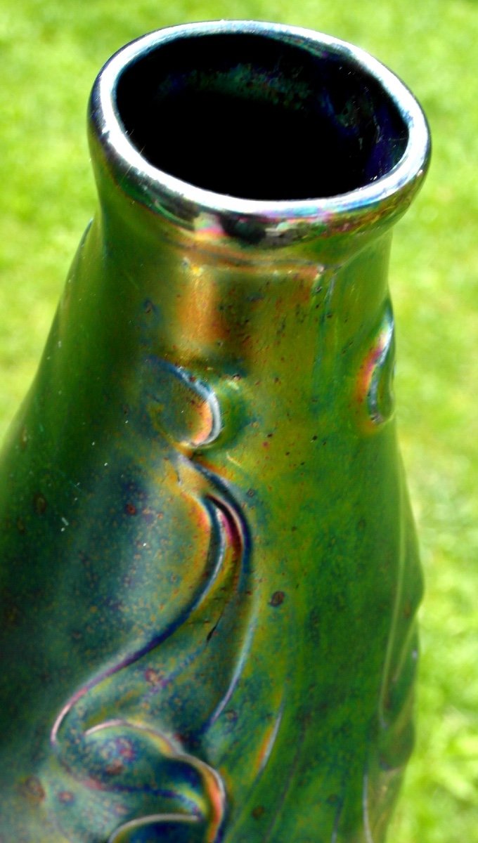 Beautiful Iridescent “bat Wing” Vase By Montières, Era Massier Deck 1900-photo-6