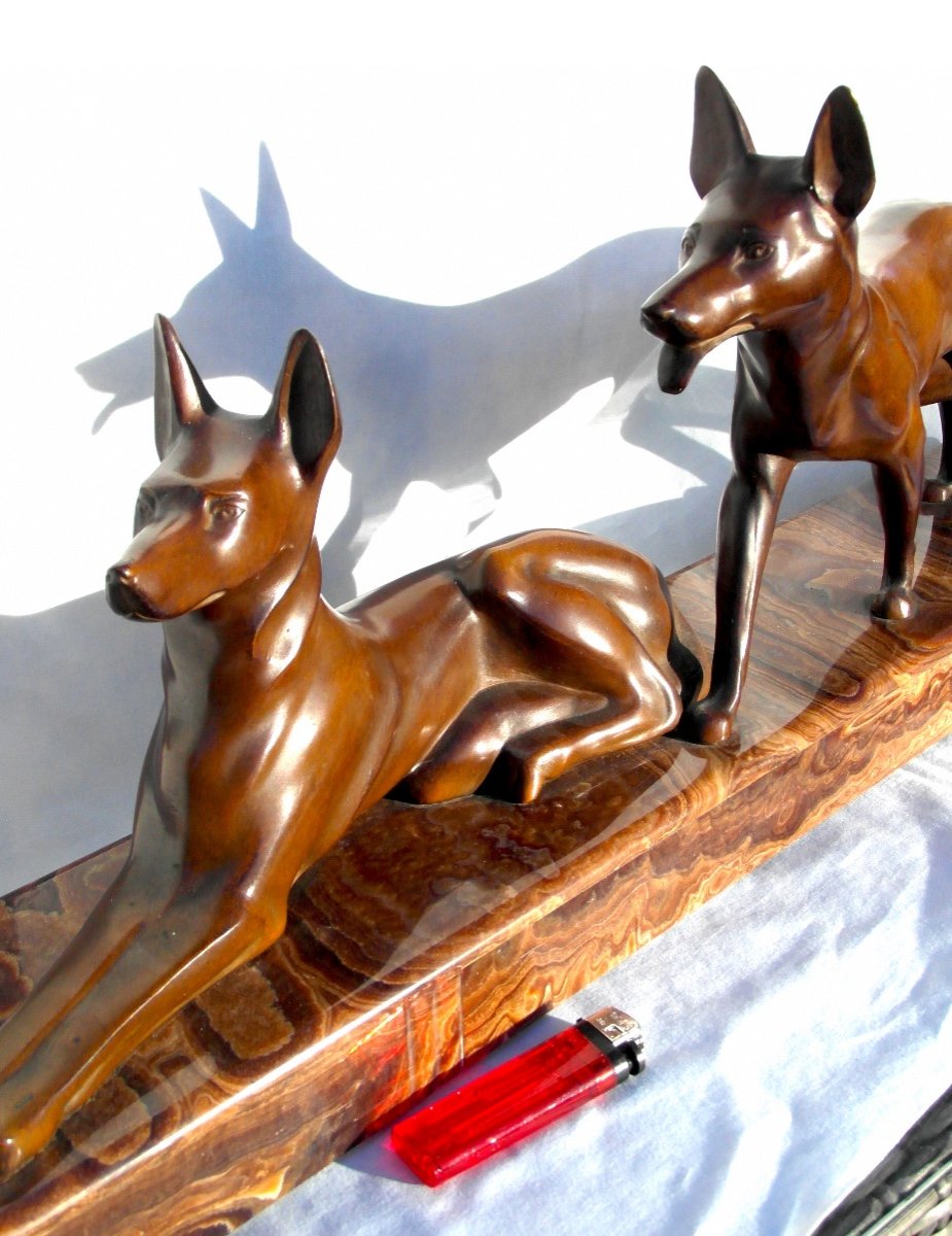 Beautiful Art-deco Set In Bronze "dogs Aux Aguets" By Michel Decoux, 60 Cm, Era Jouve Bugatti-photo-3