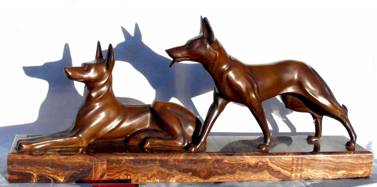 Beautiful Art-deco Set In Bronze "dogs Aux Aguets" By Michel Decoux, 60 Cm, Era Jouve Bugatti-photo-4