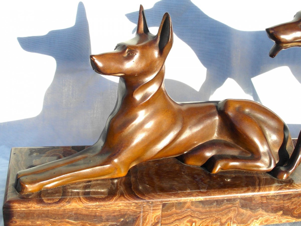 Beautiful Art-deco Set In Bronze "dogs Aux Aguets" By Michel Decoux, 60 Cm, Era Jouve Bugatti-photo-2