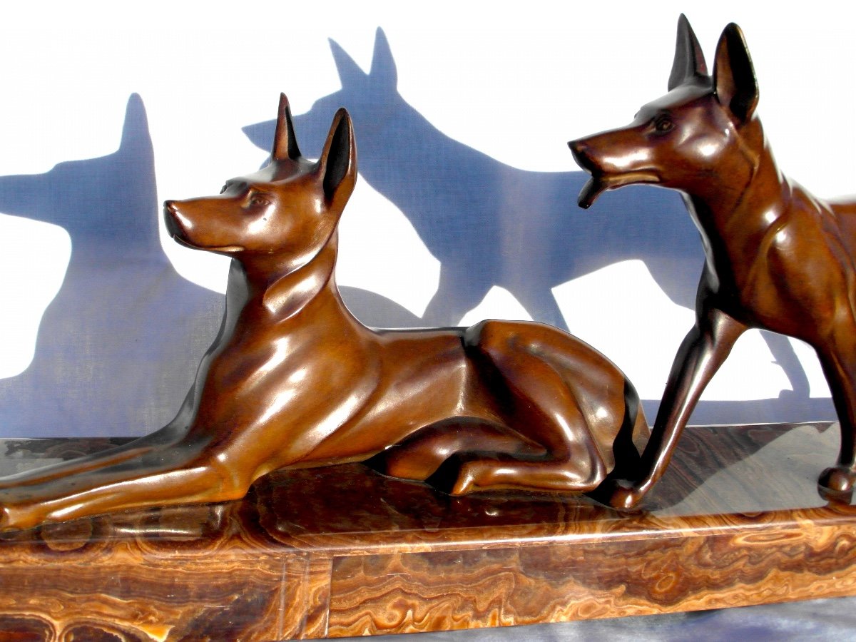 Beautiful Art-deco Set In Bronze "dogs Aux Aguets" By Michel Decoux, 60 Cm, Era Jouve Bugatti-photo-1