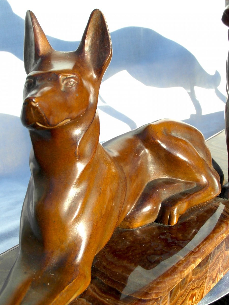 Beautiful Art-deco Set In Bronze "dogs Aux Aguets" By Michel Decoux, 60 Cm, Era Jouve Bugatti-photo-2