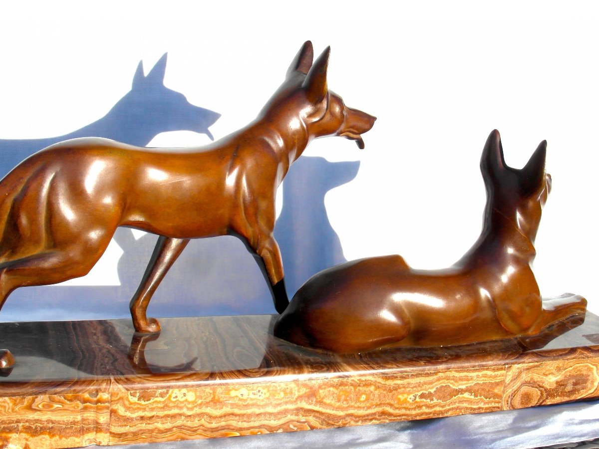 Beautiful Art-deco Set In Bronze "dogs Aux Aguets" By Michel Decoux, 60 Cm, Era Jouve Bugatti-photo-3