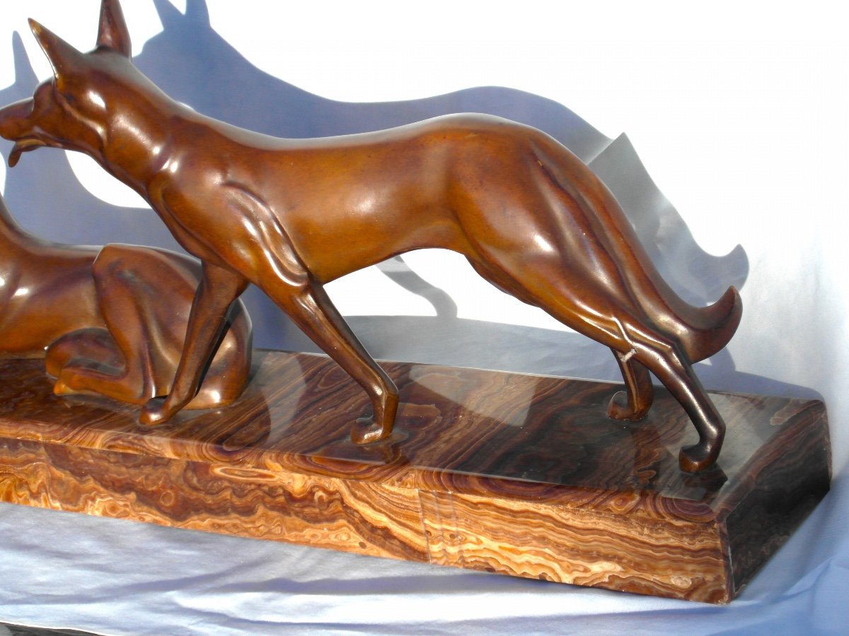 Beautiful Art-deco Set In Bronze "dogs Aux Aguets" By Michel Decoux, 60 Cm, Era Jouve Bugatti-photo-5